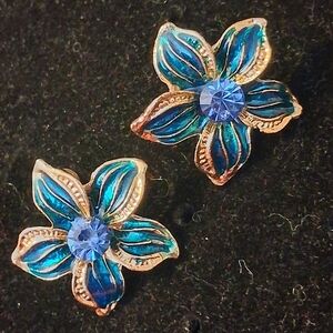 Goldtone Hibiscus Floral Earrings With Blue Accents